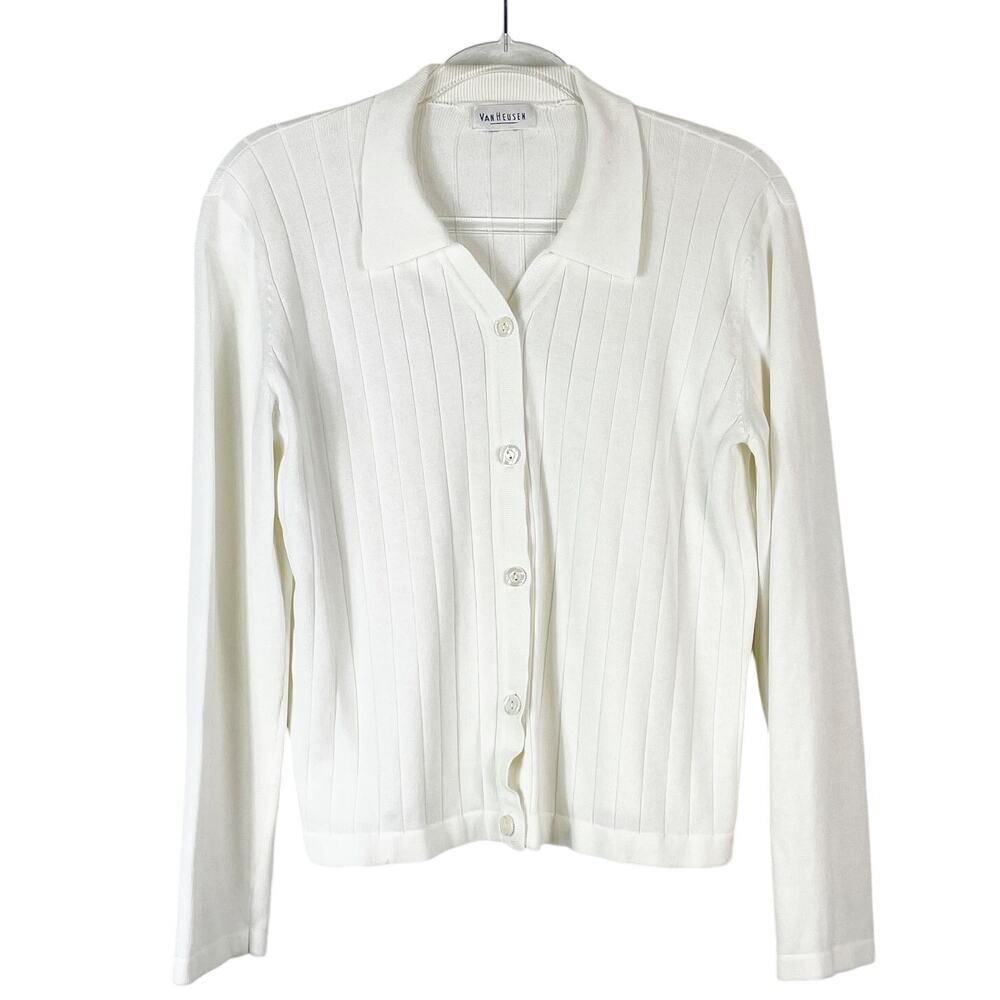 Vintage Van Heusen Women's White Ribbed Collared Button Shirt Top Size Medium